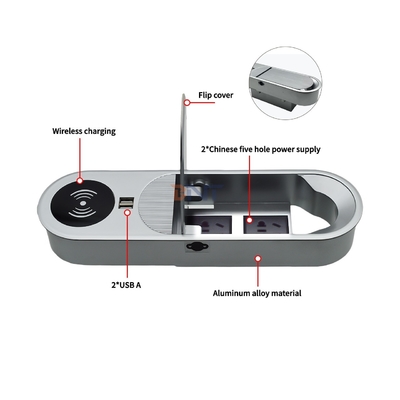 Multifunktionale 2AC- und 2USB-A-Ladenausgänge Desktop-Steckdose mit drahtlosem Ladegerät